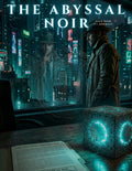 Futuristic noir detective watching his whispering reflection in a rain-streaked window near a glowing cyan puzzle box.