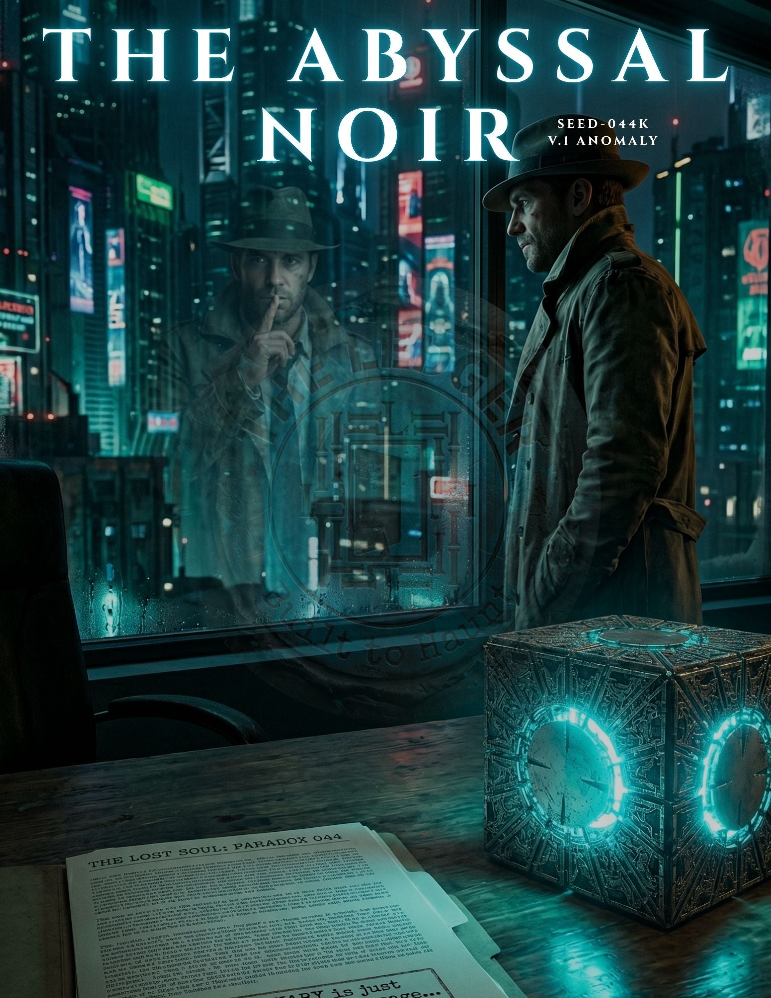Futuristic noir detective watching his whispering reflection in a rain-streaked window near a glowing cyan puzzle box.