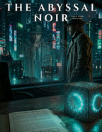 Futuristic noir detective watching his whispering reflection in a rain-streaked window near a glowing cyan puzzle box.