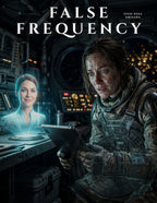 Distressed astronaut in a dark spacecraft cabin staring at a smiling cyan hologram projection while holding a tablet.
