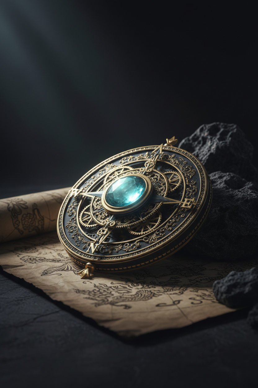 Dark ornate compass with crystal center — custom writing concept services by The Identity Ledger
