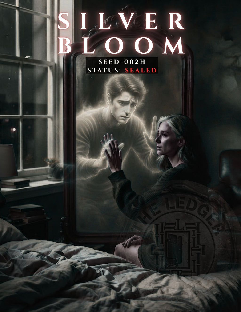 Woman sitting on a bed with rumpled sheets touching a full-length mirror as a glowing ghost reaches back from inside the glass.
