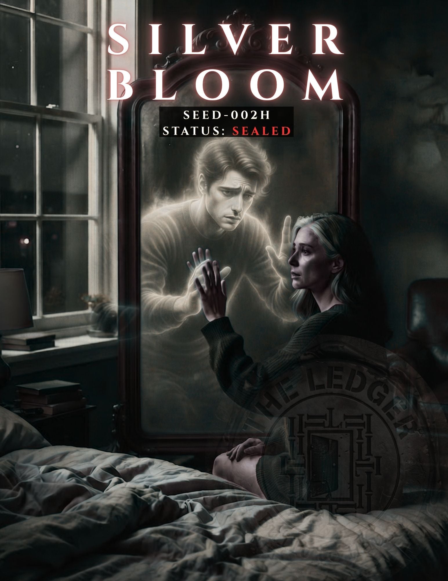 Woman sitting on a bed with rumpled sheets touching a full-length mirror as a glowing ghost reaches back from inside the glass.
