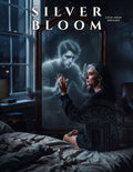 Woman sitting on a bed touching a full-length mirror as a glowing ghostly man reaches back from inside the glass.