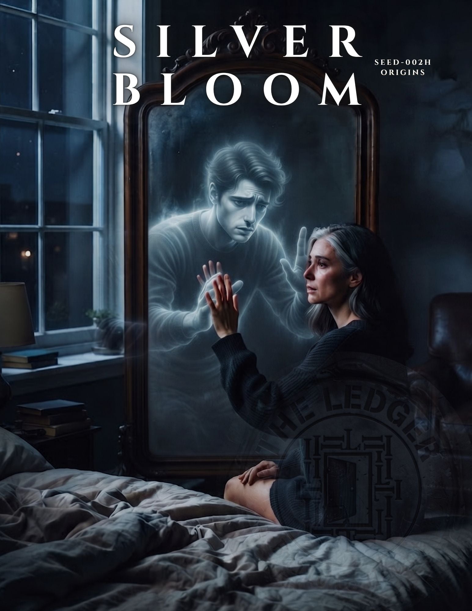 Woman sitting on a bed touching a full-length mirror as a glowing ghostly man reaches back from inside the glass.