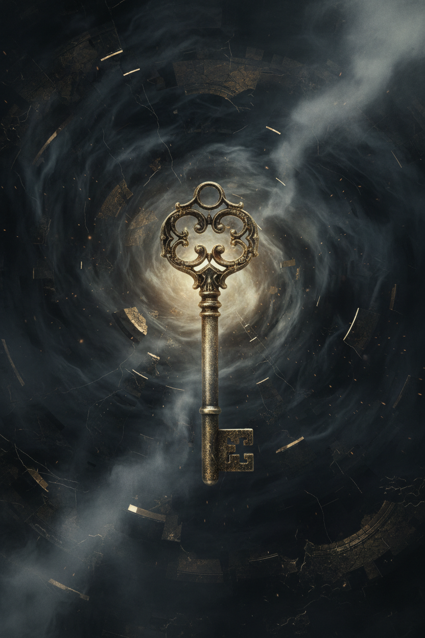 Antique skeleton key suspended in a dark vortex — The Anomalies completed case files by The Identity Ledger