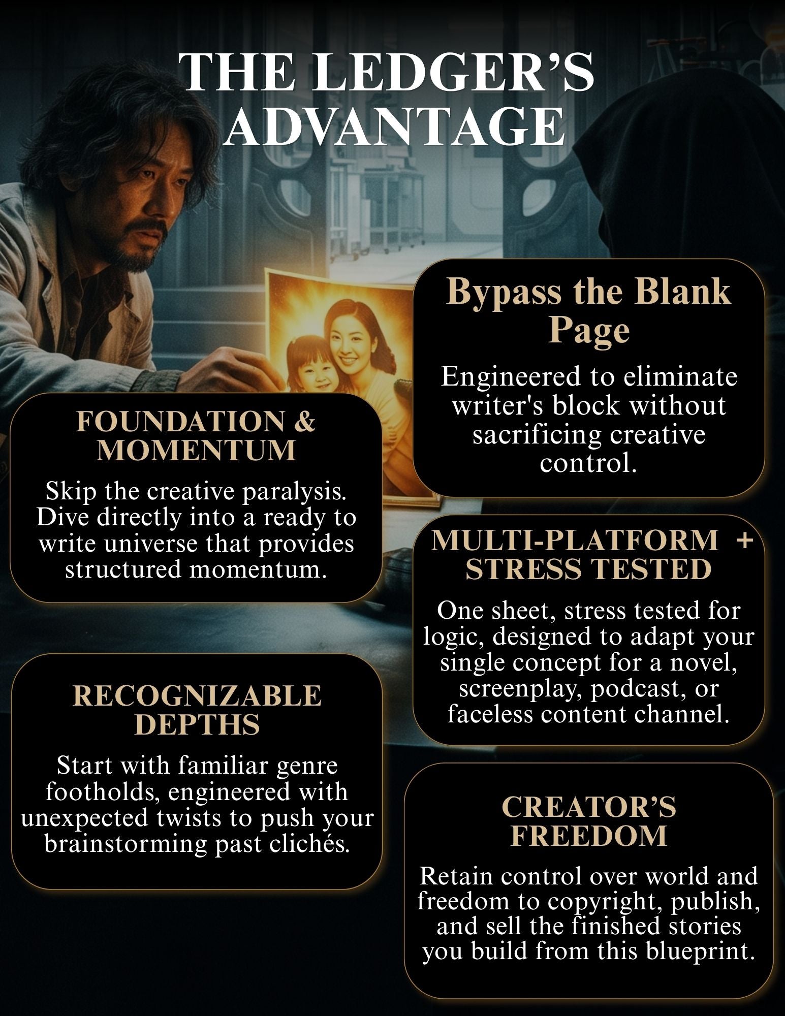 Promotional graphic for 'The Ledger's Advantage' featuring a dark, moody background with a man looking out a window and several black rounded text boxes with white copy about writing and publishing benefits.