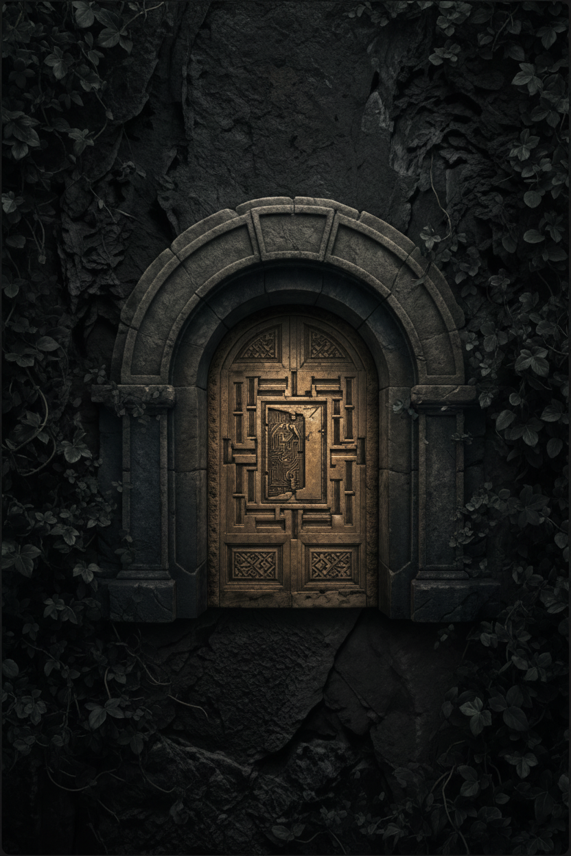 Dark stone arched door with geometric detail — The Foundations storytelling frameworks by The Identity Ledger