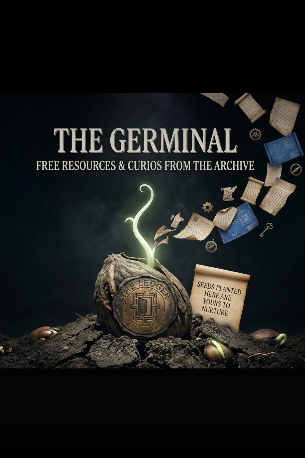 Promotional graphic for 'The Germinal' free writing resources featuring a dark, atmospheric background with floating aged papers, keys, and a rolled parchment. In the center, a textured sack or bundle sits on dark soil with a glowing green sprout rising from it.