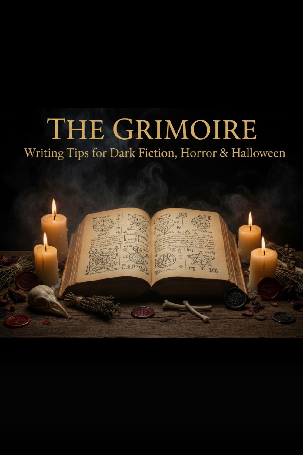 A dark promotional graphic for 'The Grimoire: Writing Tips for Dark Fiction, Horror & Halloween'. The title is written in gold serif text against a black background, above an open ancient-looking grimoire book surrounded by lit candles, herbs, wax seals, and a skull on a wooden surface.
