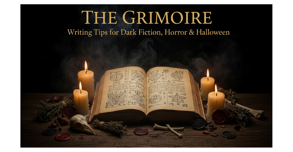 A dark promotional graphic with the title 'THE GRIMOIRE' and subtitle 'Writing Tips for Dark Fiction, Horror & Halloween' above a styled scene of an open ancient book with magical diagrams, surrounded by lit candles, herbs, wax seals, bones, and other occult props on a wooden surface.