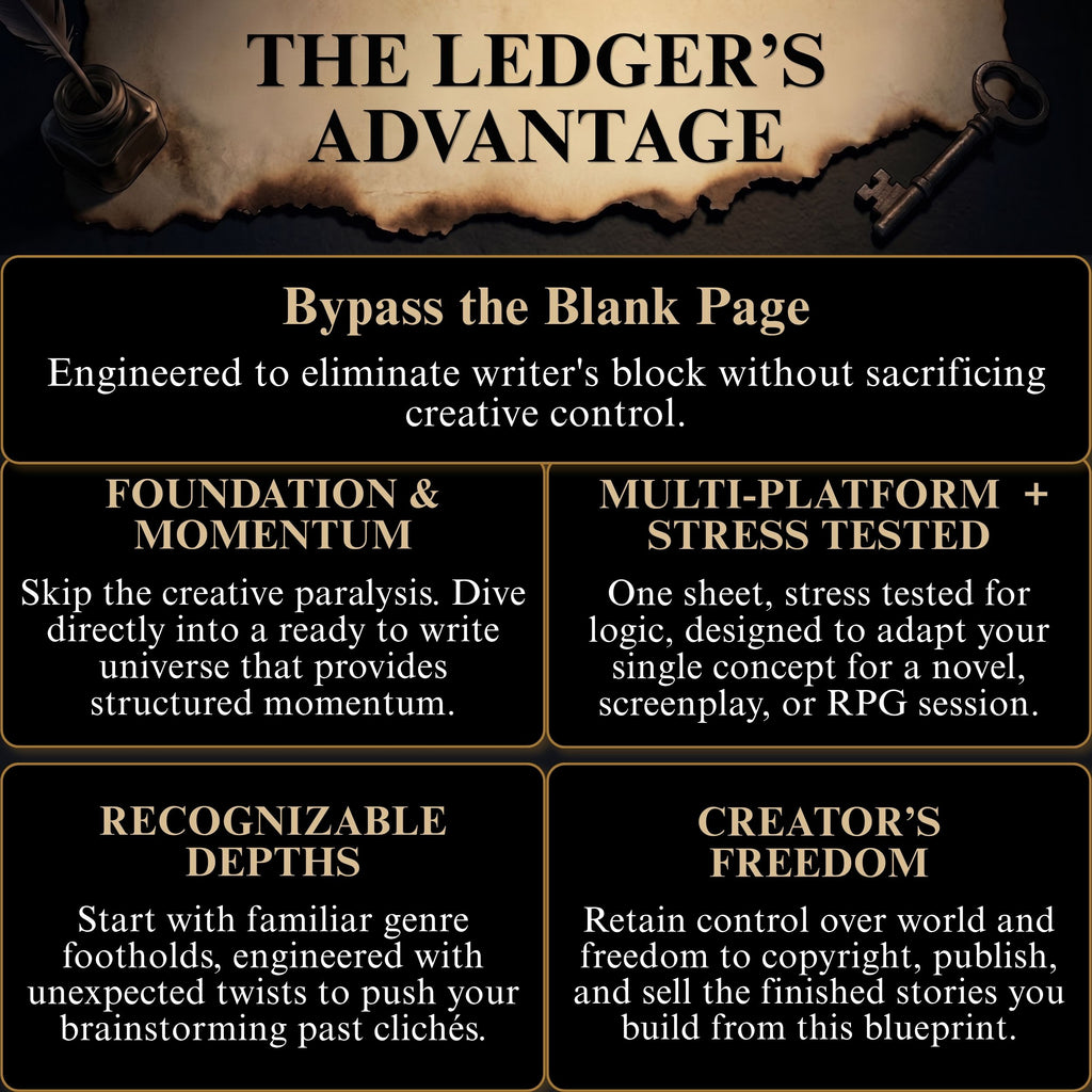 The Ledger's Advantage infographic outlining storytelling template guide benefits for writers and worldbuilders: Bypass the Blank Page, Multi-Platform Stress-Testing, and Complete Creator Freedom. 