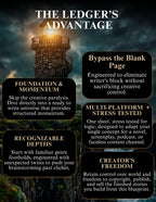 A promotional graphic with the title 'THE LEDGER'S ADVANTAGE' at the top and five black rounded-rectangle callout panels listing features: Foundation & Momentum, Bypass the Blank Page, Multi-Platform + Stress Tested, Recognizable Depths, and Creator's Freedom. The background shows a dark fantasy-style scene of a glowing lighthouse on rocky cliffs.